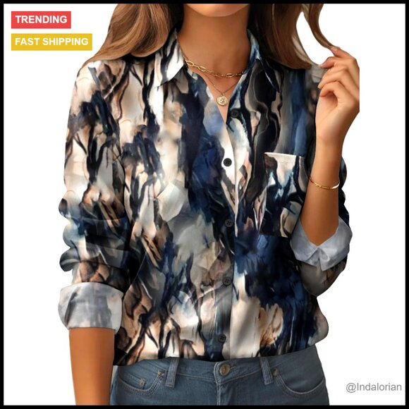 Floral Printed Button Down Blouse Long Sleeve Business Casual Boho Chic - Picture 1 of 7